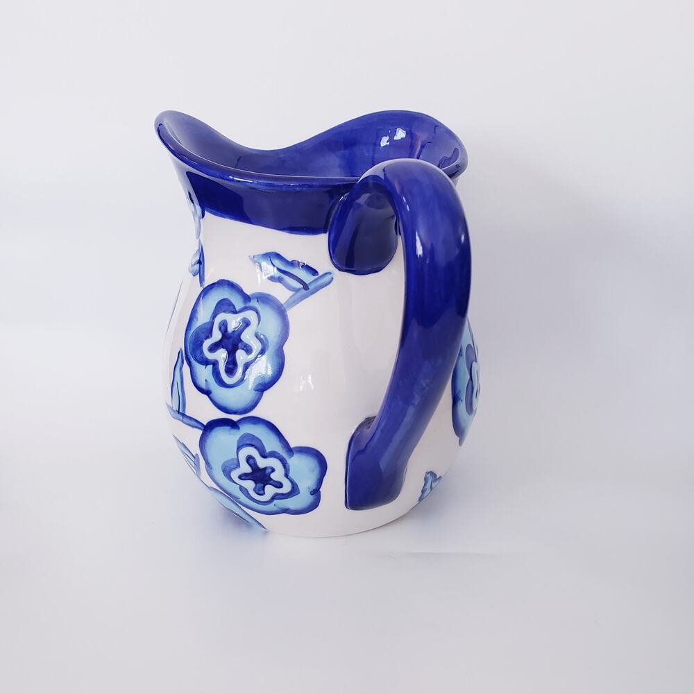 Cobalt Blue and White Floral Pitcher Summer Boho - Picture 2 of 6